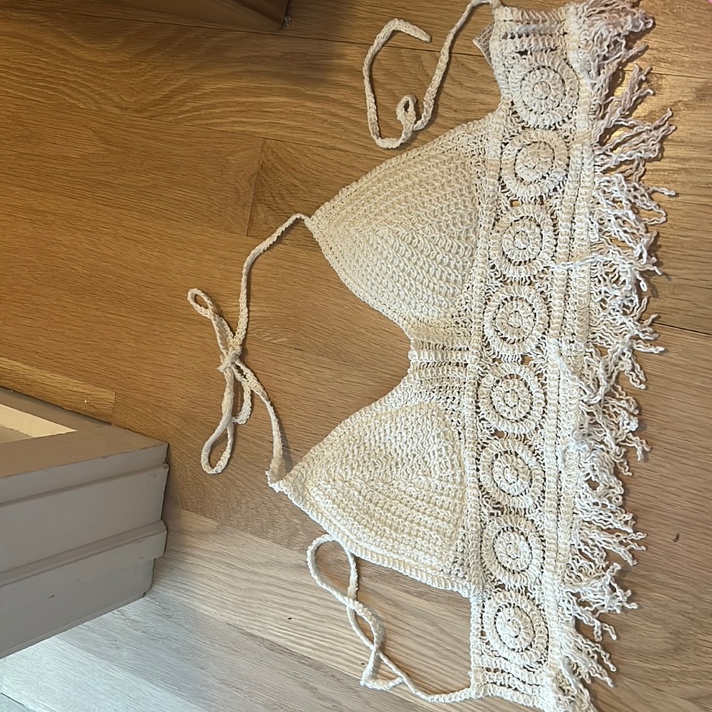 wrap around back halter beach cover up/crop top. Built in bra